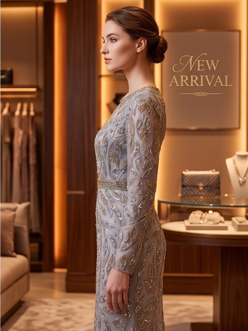 Elegant Beaded Long-Sleeve Evening Dress in Silver